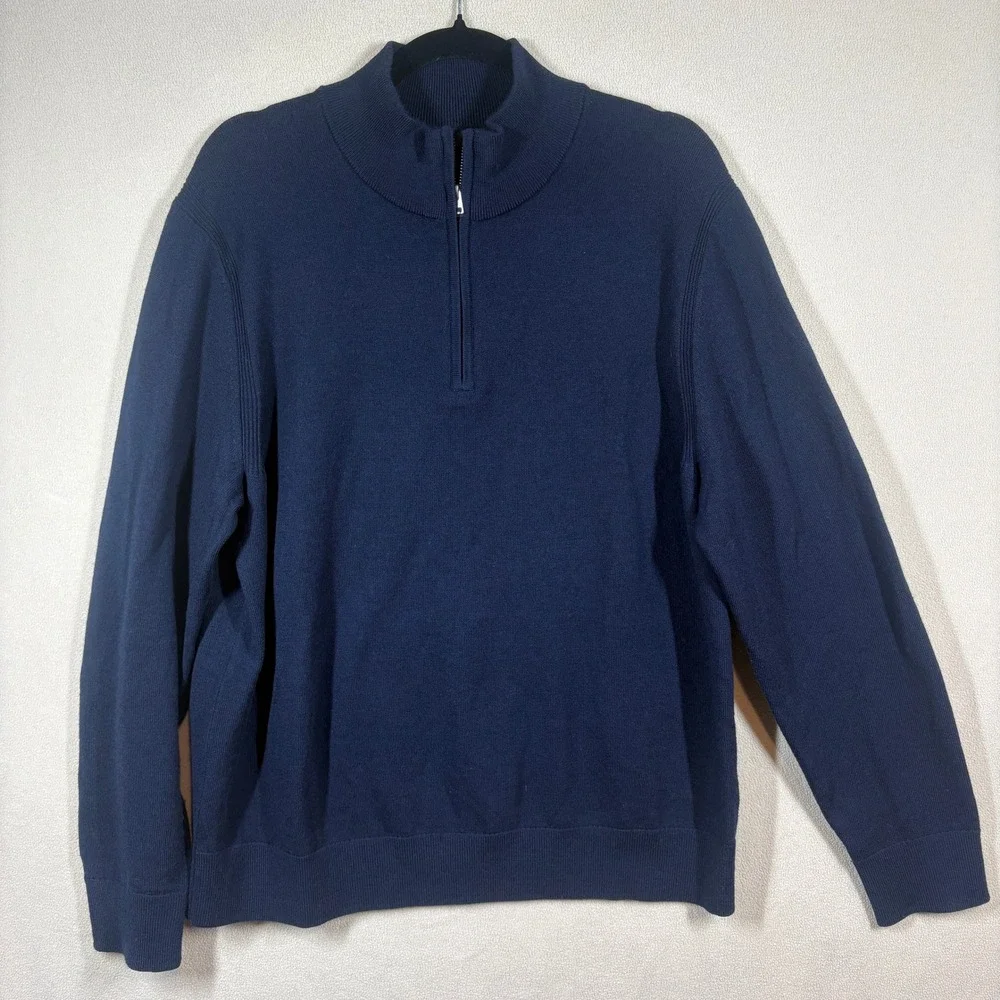 Banana Republic Men Navy Italian Merino Wool Classic Minimal 1/4 Zip Sweater